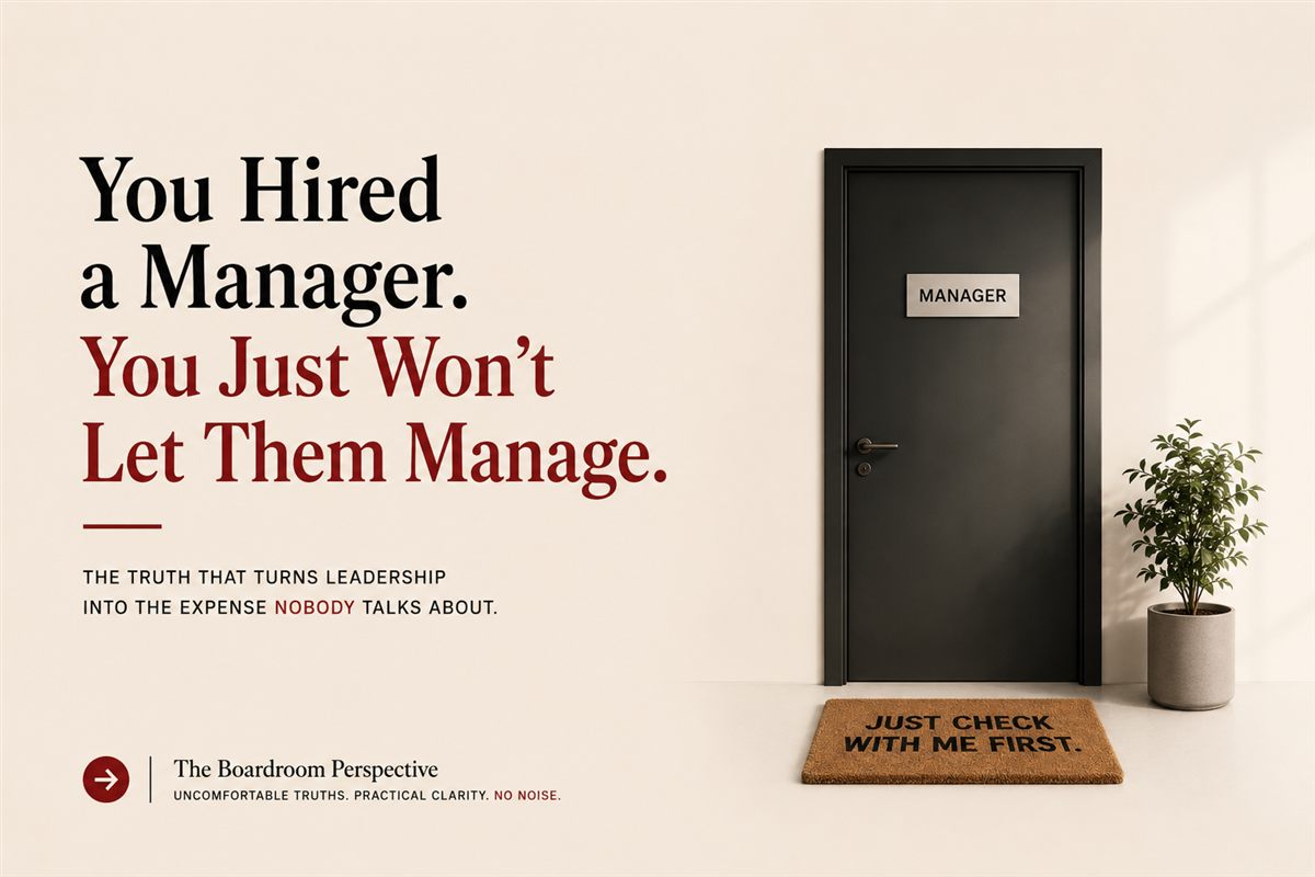Cover: a closed manager’s door with a mat reading Just check with me first