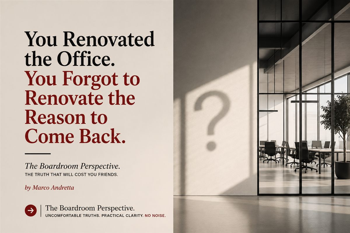 Cover: an empty renovated office with a question mark in the light